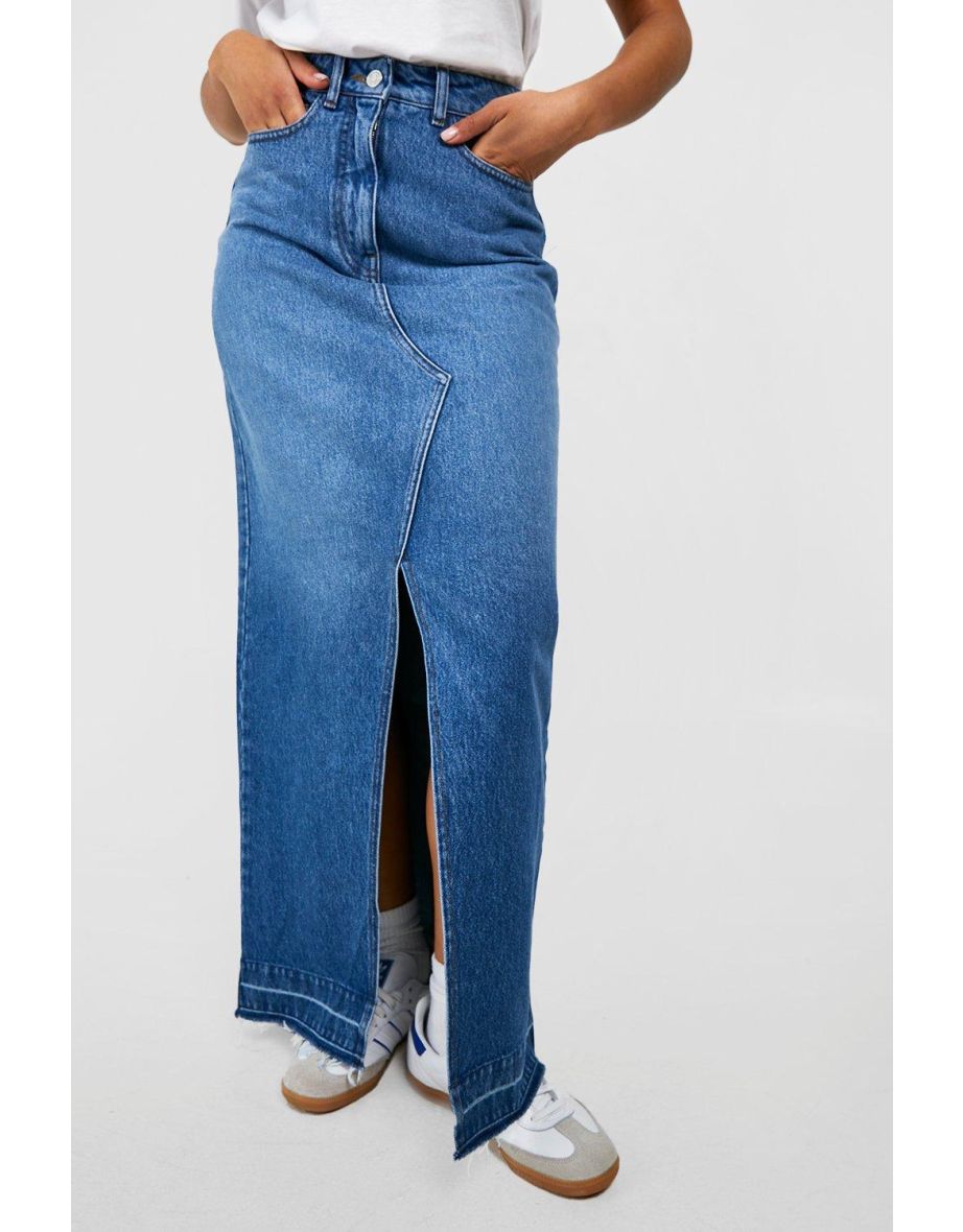 High Waisted Split Front Denim Maxi Skirt - vintage blue - 3