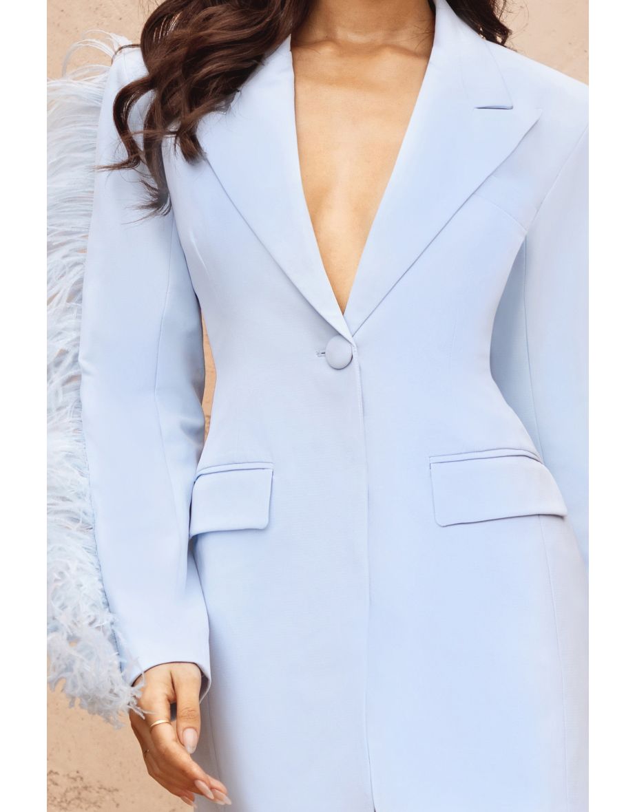 One In A Million | Powder Blue Blazer Dress With Feather Trim Down One Arm - 3