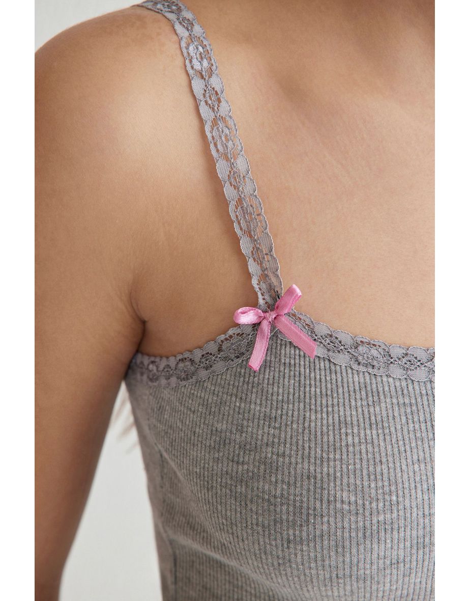 Grey Melange Fitted/Bow Detailed Stretch Knitted Undershirt - 4