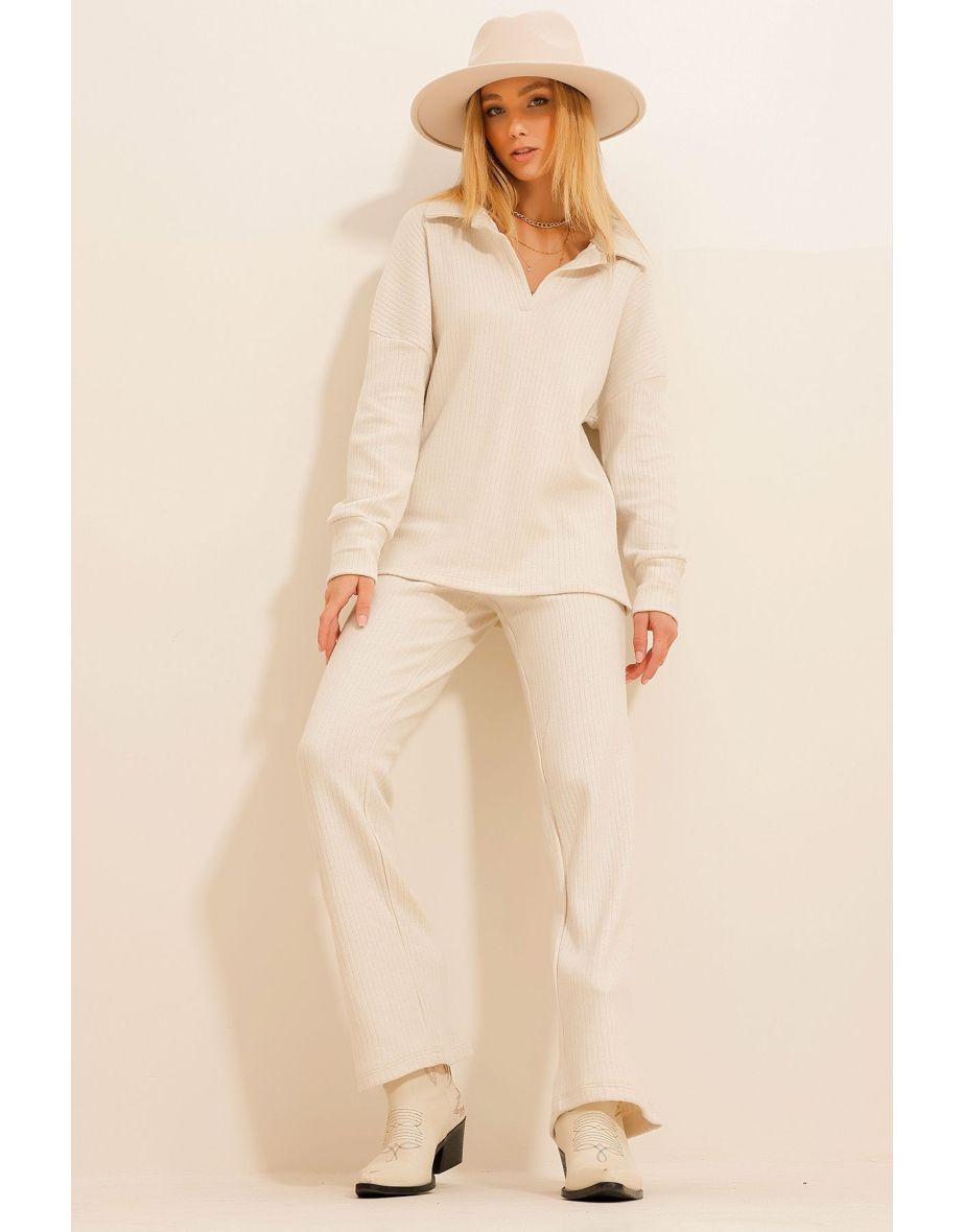 Women's Cream Polo Neck Top And Palazzon Trousers Knitwear Bottom Top Set - 4