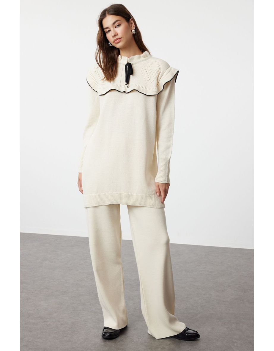 Ecru Black Piping Collar Detailed Knitwear Bottom-Top Set