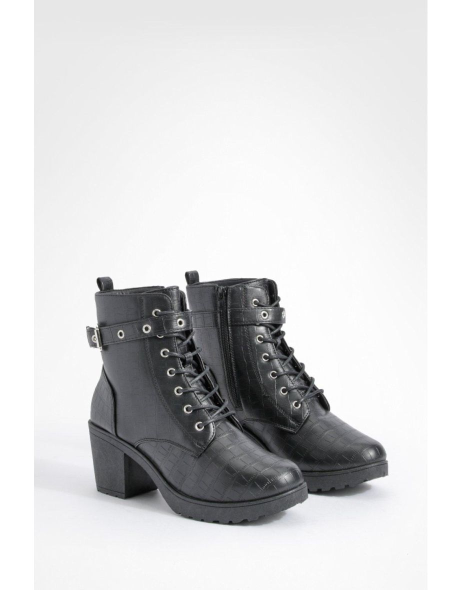 Shop Wide Fit Croc Buckle Detail Low Block Heel Ankle Boot black croc Online in Qatar VogaCloset