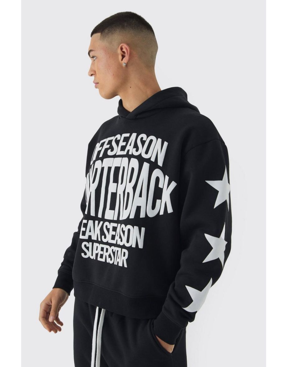 Oversized Boxy Off Season Puff Printed Hoodie - black