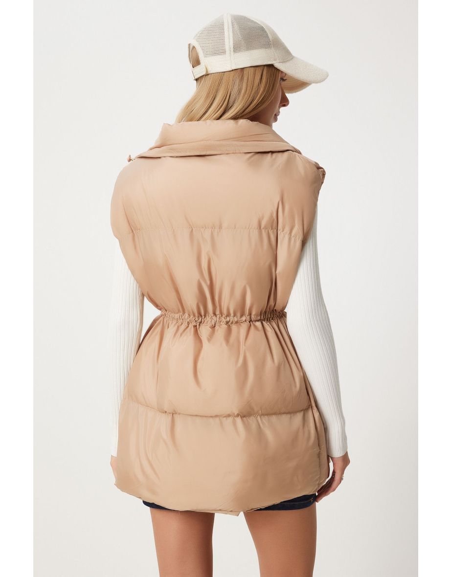 Women's Beige Waist Drawstring Puffer Vest - 11
