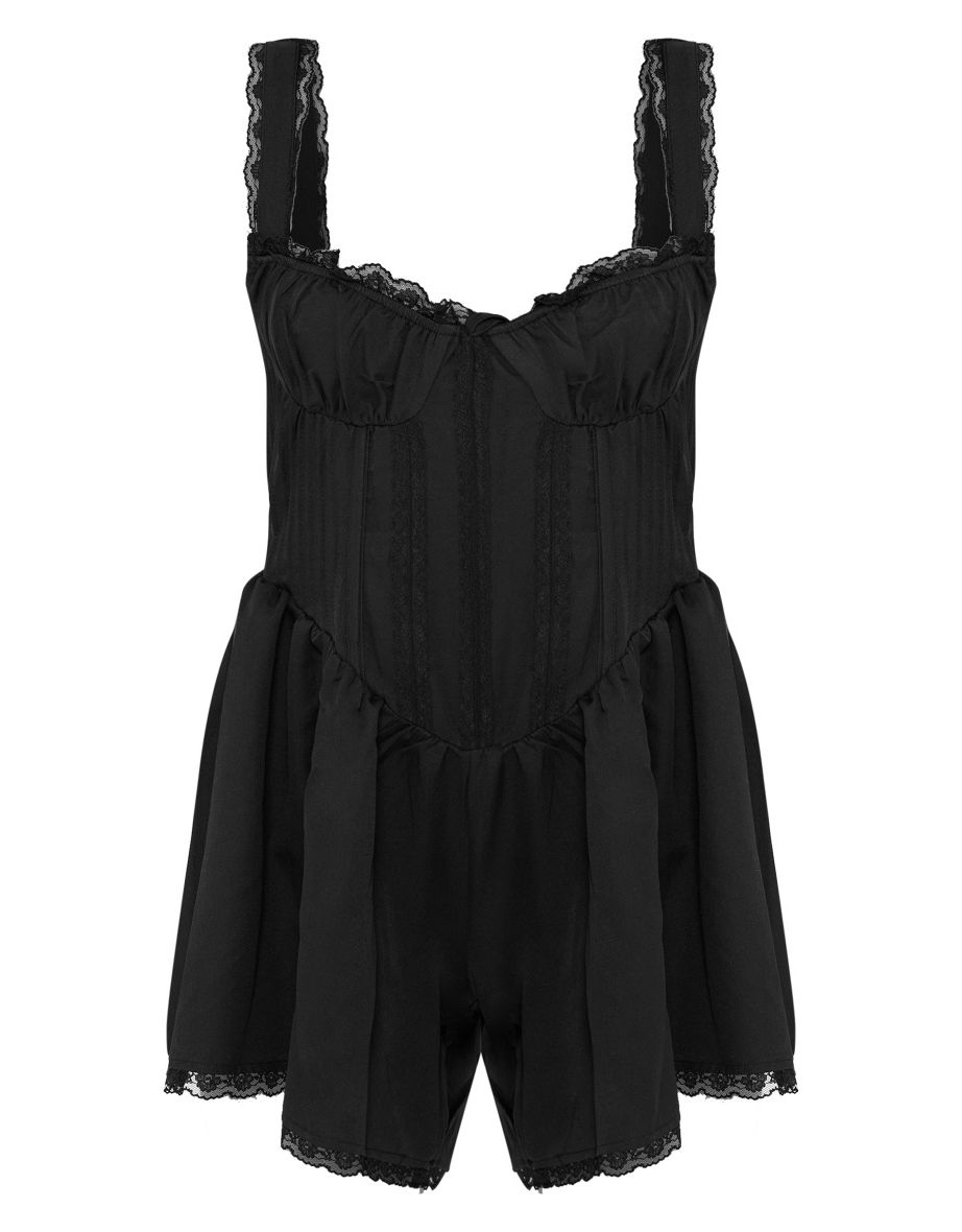 Black Woven Lace Detail Strappy Playsuit - 4