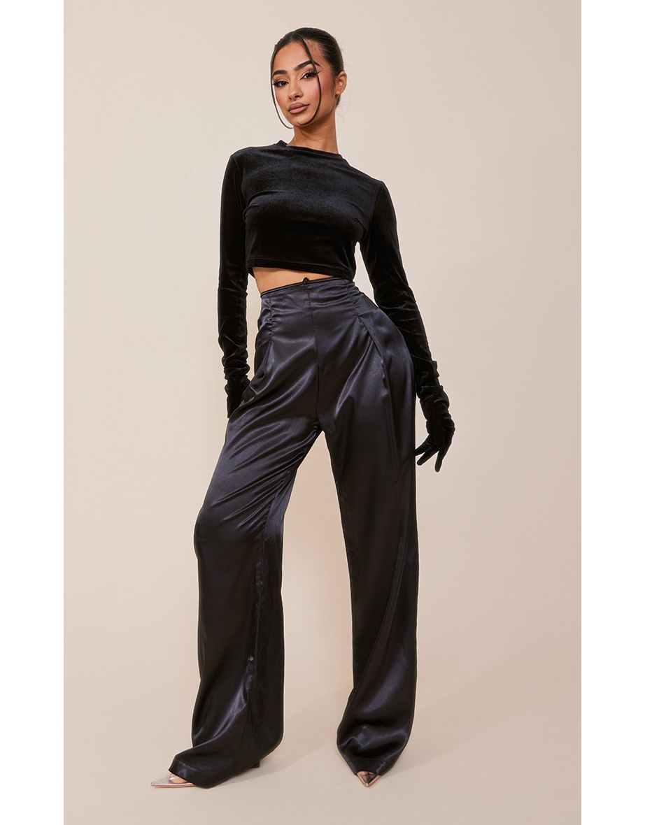 Petite Black Tie Detail Satin Flares