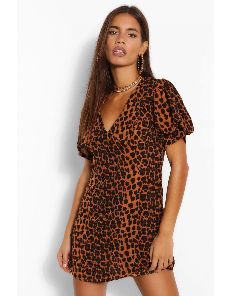Leopard Print Plunge Puff Sleeve Shift Dress - rust - 3