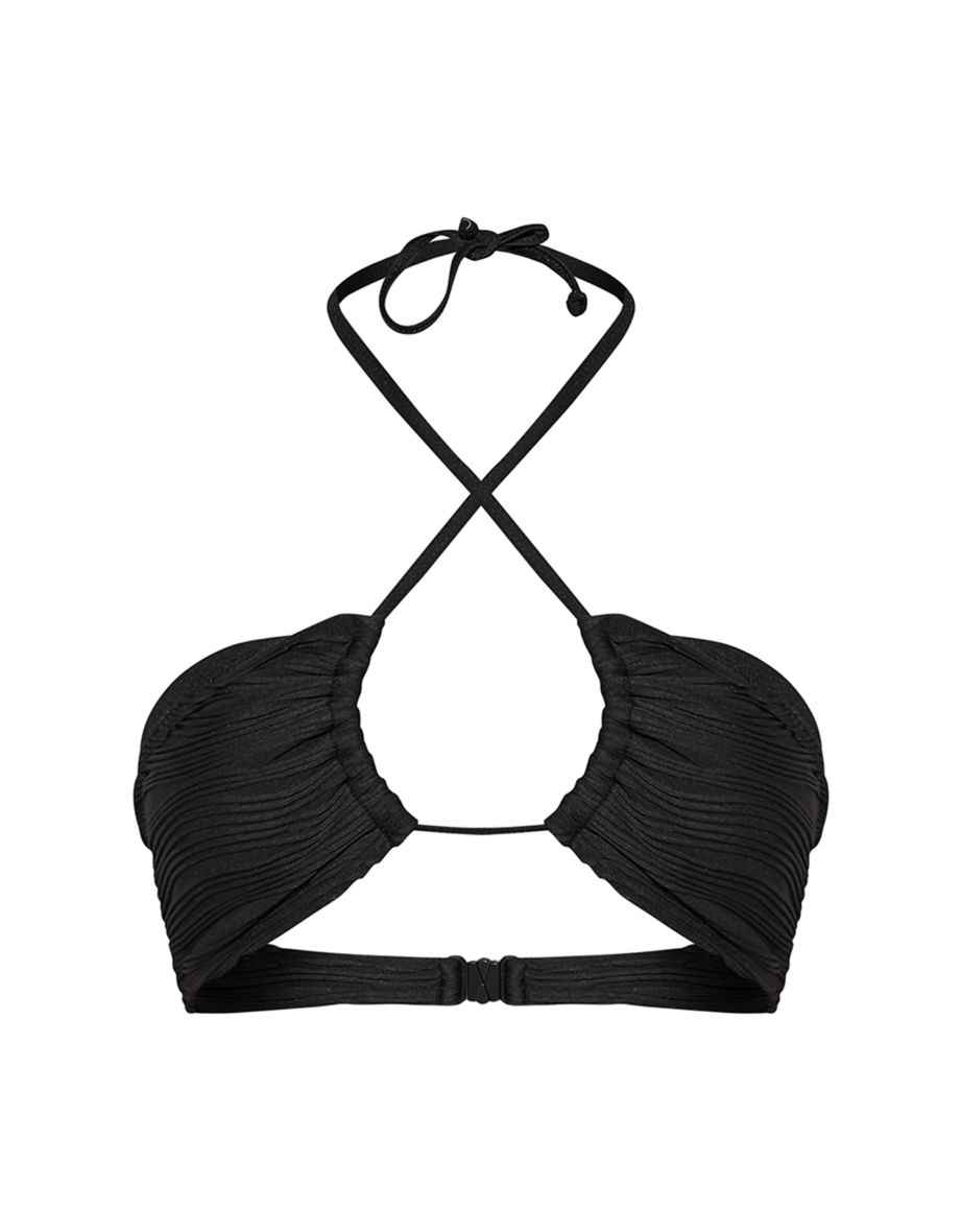 Black Textured Halter Neck Bikini Top - 4