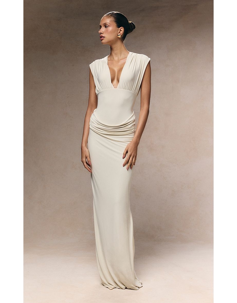Cream Double Layer Plunge Ruched Shoulder Drape Waist Maxi Dress
