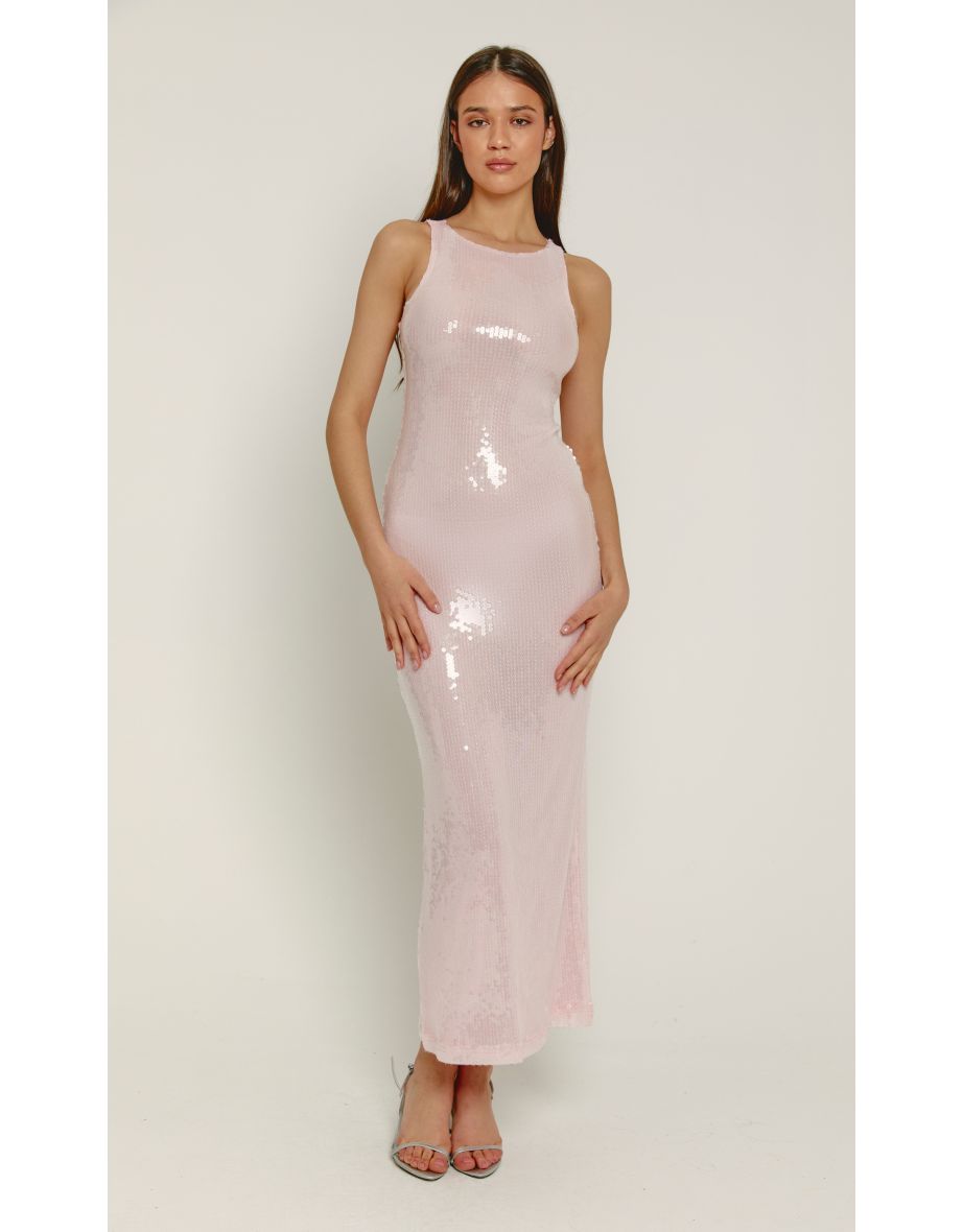 Pink Sheer Sequin Racerback Dress