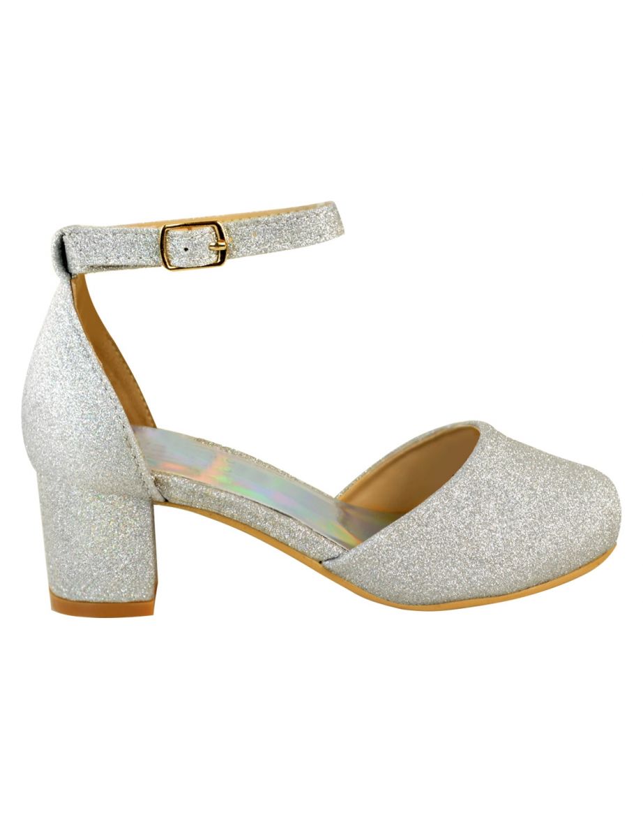 ABENA KIDS CLOSED TOE MID HIGH HEEL SANDALS WITH ANKLE STRAP IN SILVER GLITTER