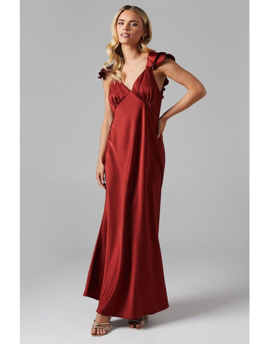 Petite Ruffle Neckline Satin Maxi Bridesmaid Dress