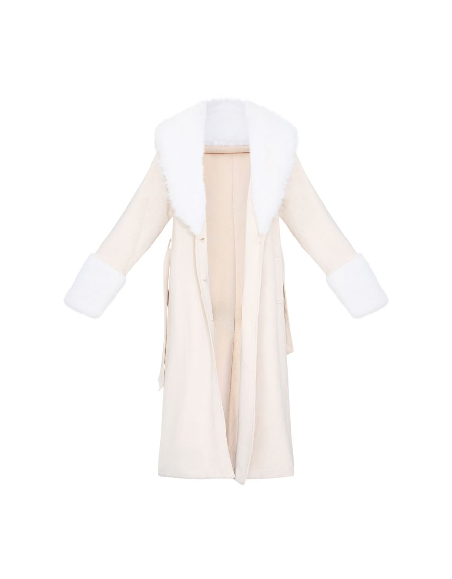 Sand Faux Fur Trim Contrast Faux Suede Coat - 4
