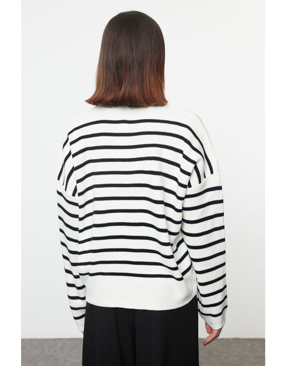 Ecru Wide Pattern Polo Collar Striped Knitwear Sweater - 4