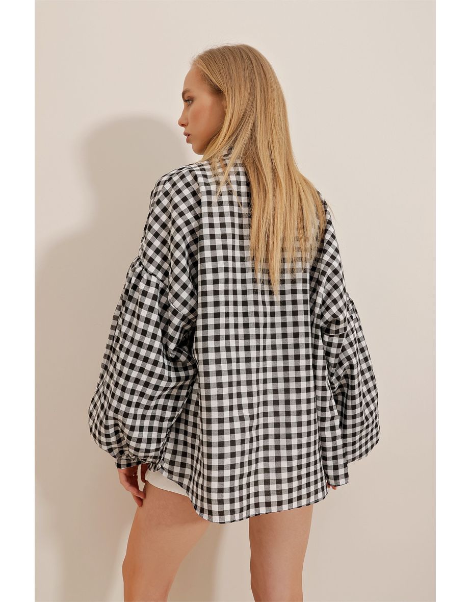 Women's Black Gingham Pattern Oversized Viscose Shirt - 3