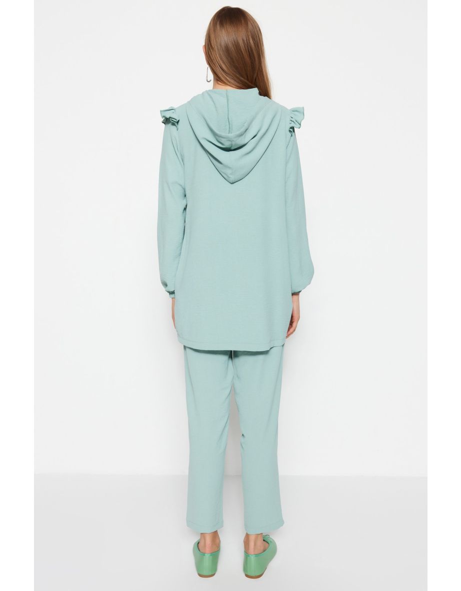 Mint Shoulder Frilly Hooded Woven Aerobin Tunic-Pants Set - 4