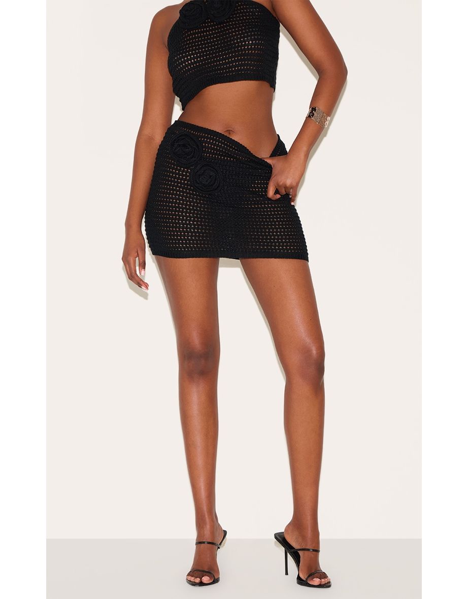 Black Flower Applique Crochet Mini Skirt