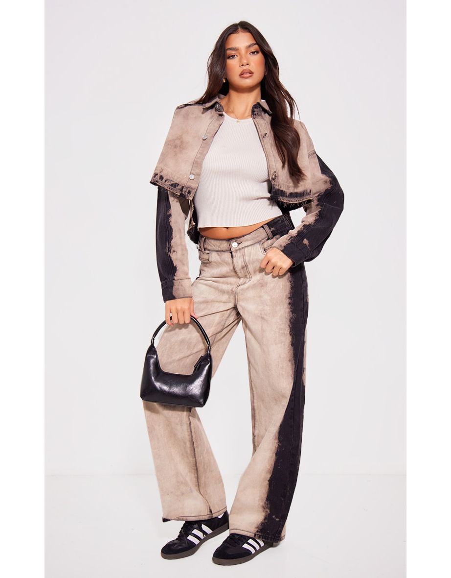Grey Raw Hem Bleach Wash Wide Leg Denim Jeans