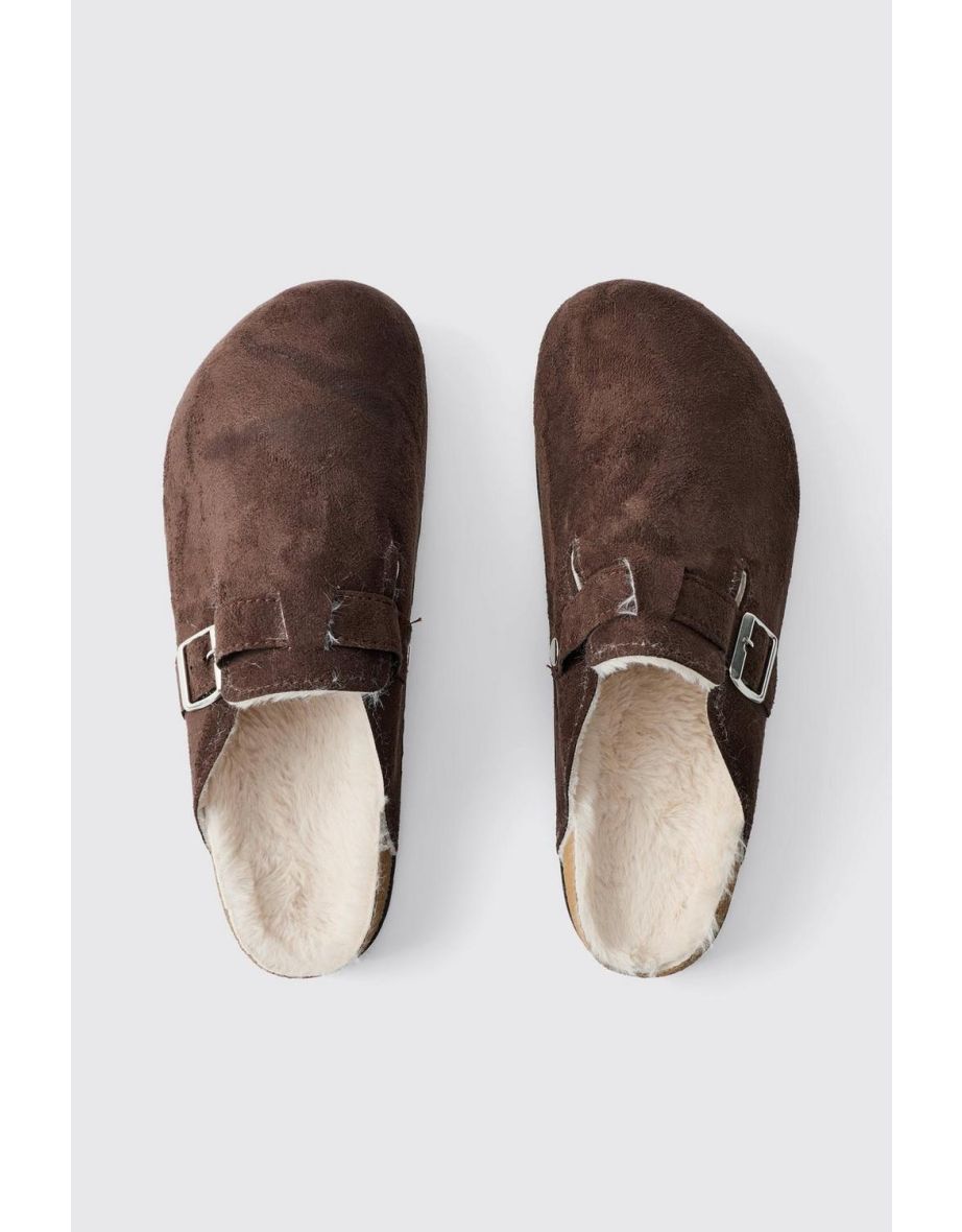 Faux Suede Sherpa Lined Mule In Brown - 3