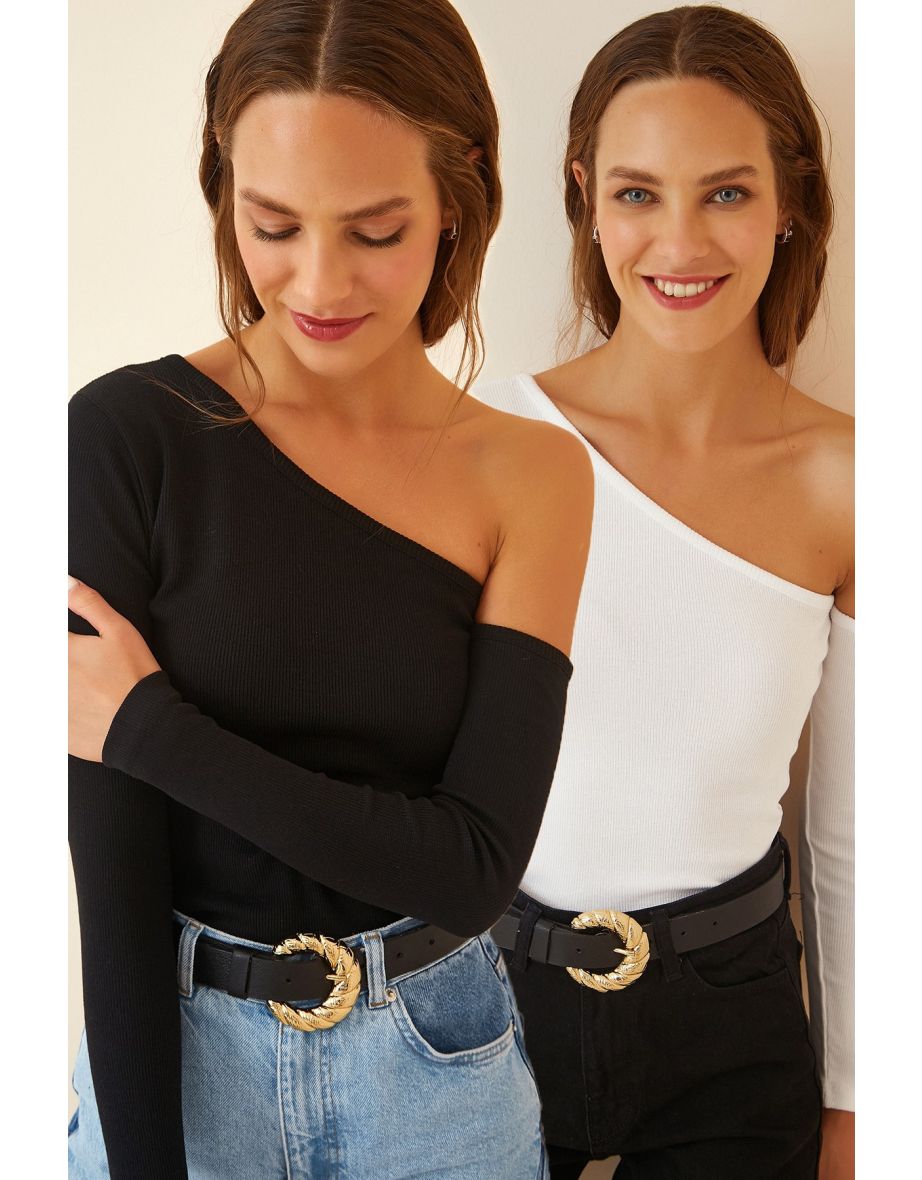 Women's Black and White Open Shoulder Corduroy 2 Pieces Knitted Blouse