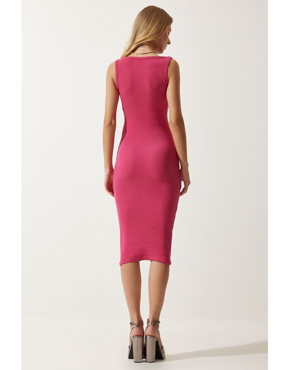 Women's Pink Halter Neck Ribbed Wrap Knitted Dress - 6