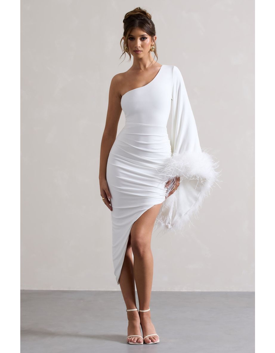 July | White Asymmetric Cape Sleeve Midi Dress With Feathers - 4