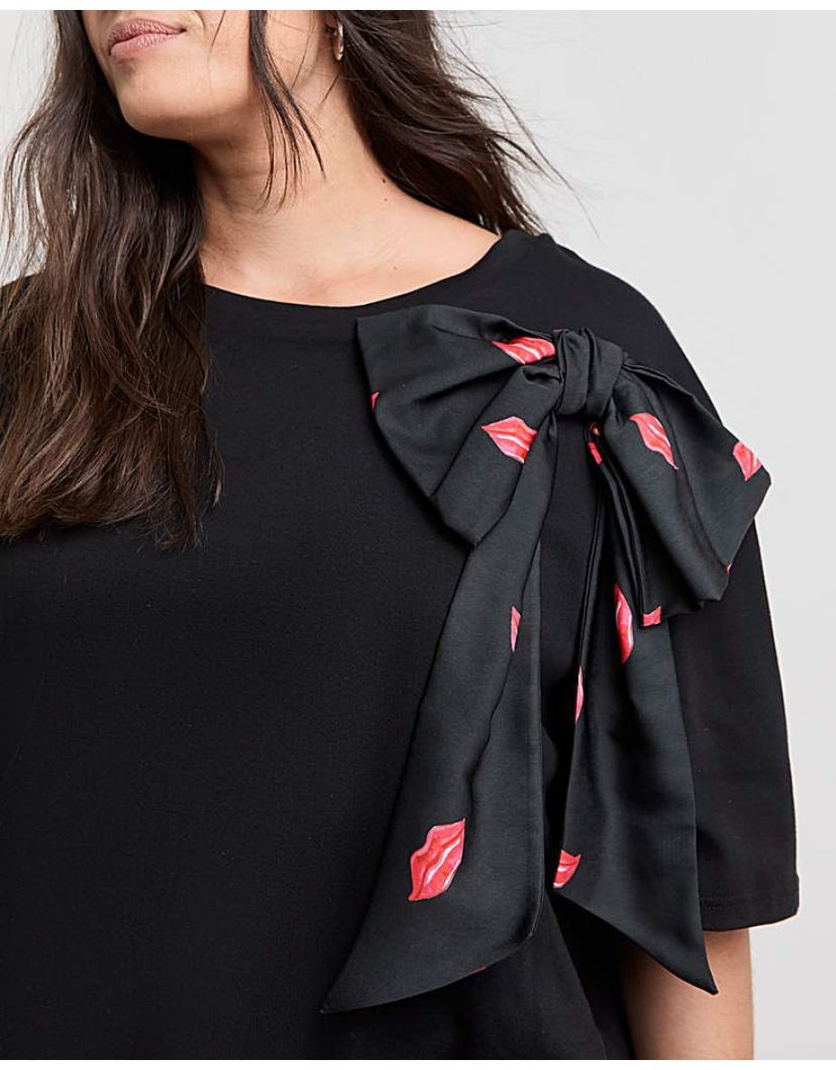 Lips Print Satin Bow T-Shirt - 3