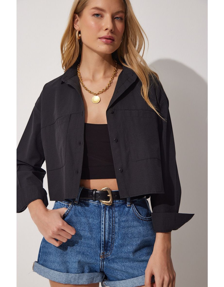 Women's Black Oversized Crop Poplin Shirt with Pockets
