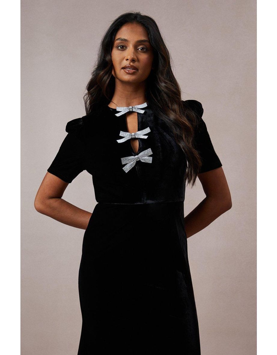 Occasion Velvet Diamante Bow Maxi Dress - 3