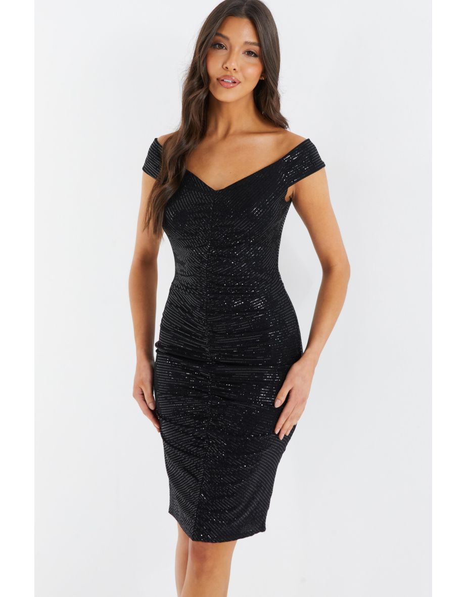 Black Sequin Bardot Midi Dress