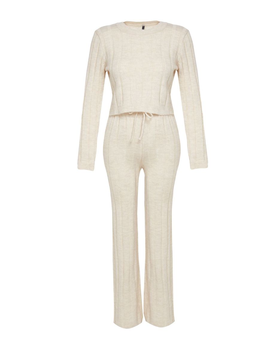 Beige Crop Sweater-Pants Knitwear Top-Top Set - 6