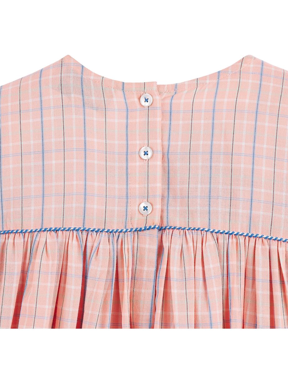 Checked Cotton Dress with Peter Pan Collar and Short Puff Sleeves - 3