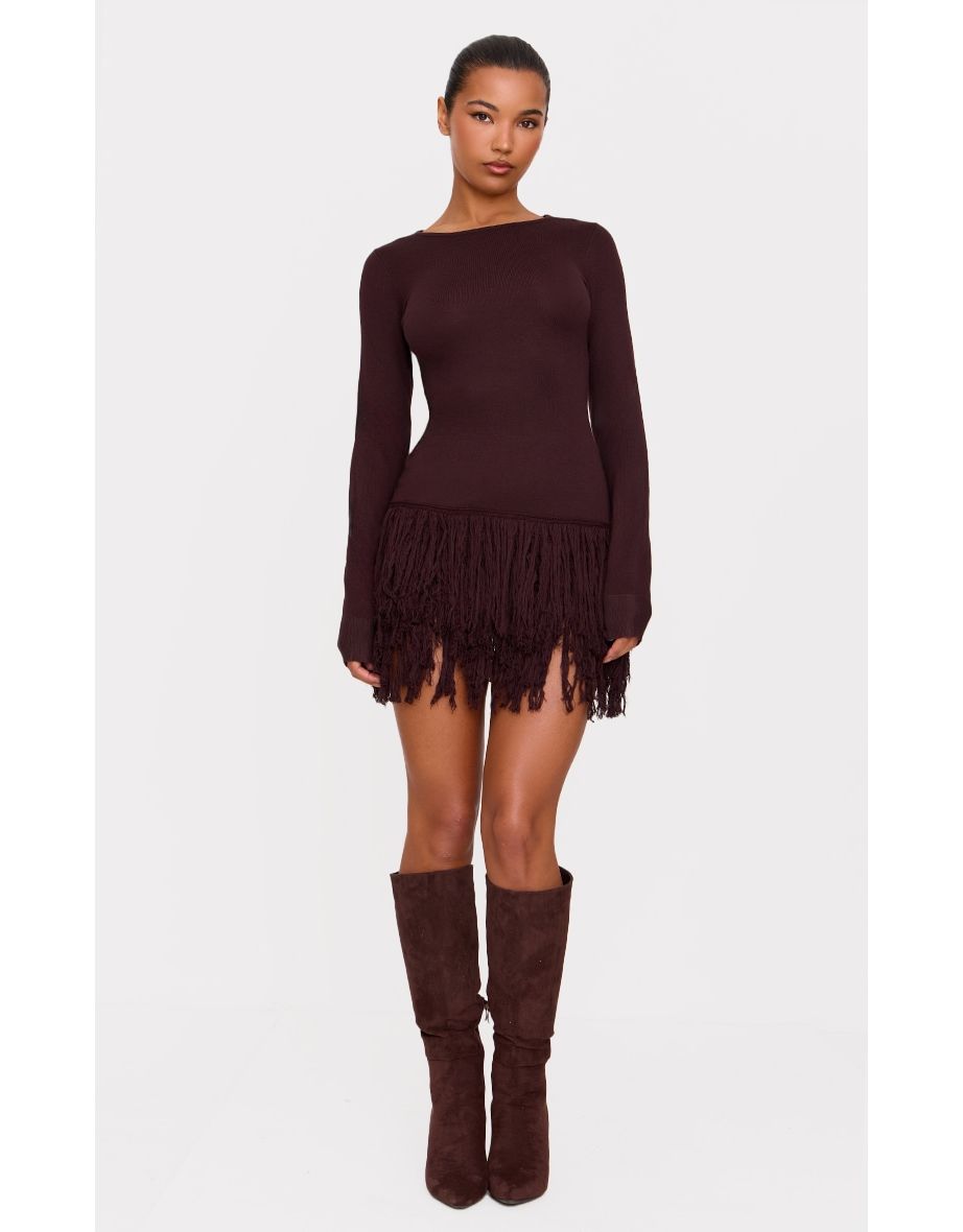 Cappuccino Fine Knit Fringe Hem Long Sleeve Micro Mini Dress