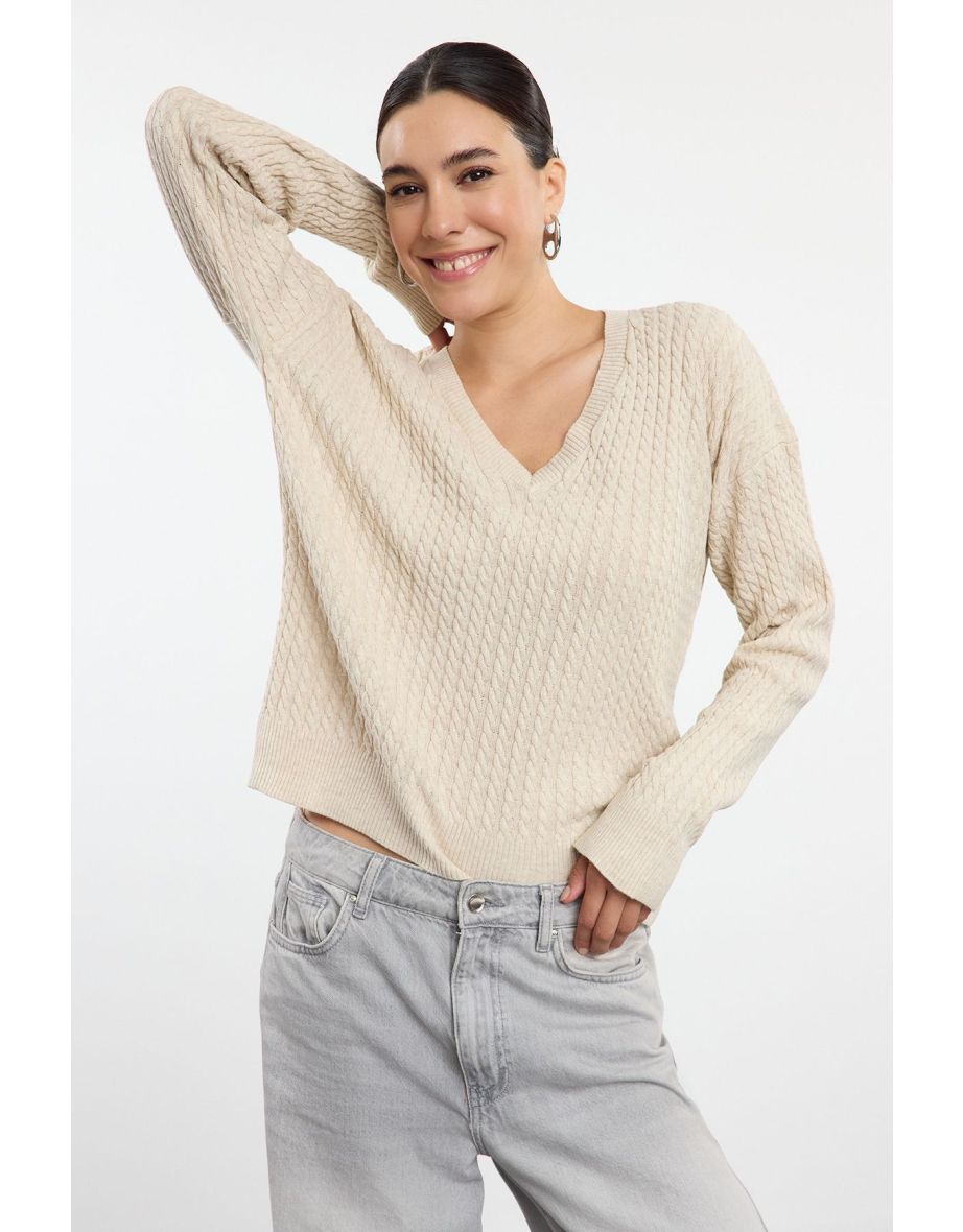 Stone Wide Pattern Hair Braid Detailed Knitwear Sweater