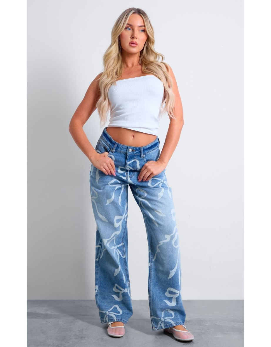Light Blue Ribbon Detail Laser Print Jeans