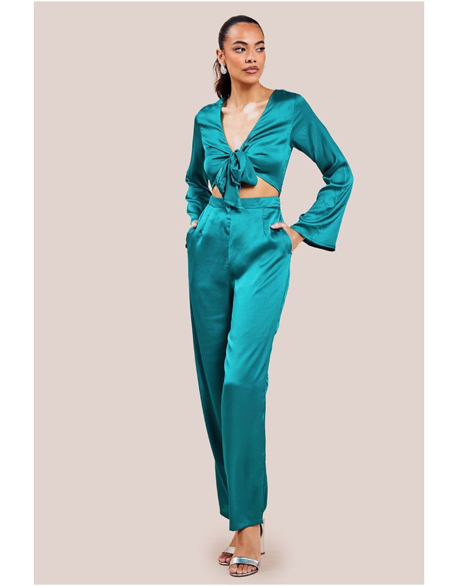Goddiva Cut Out Satin Jumpsuit - Emerald