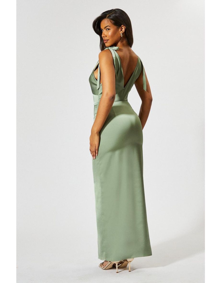 Premium Satin Tie Shoulder Bridesmaid Dress - 3