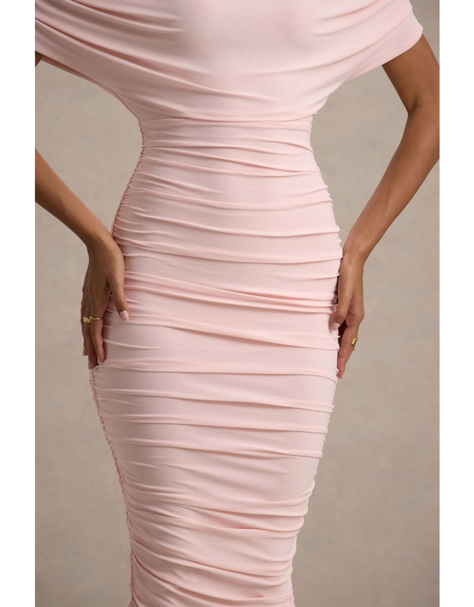 Rayleigh | Pink Bardot Ruched Midi Dress - 5