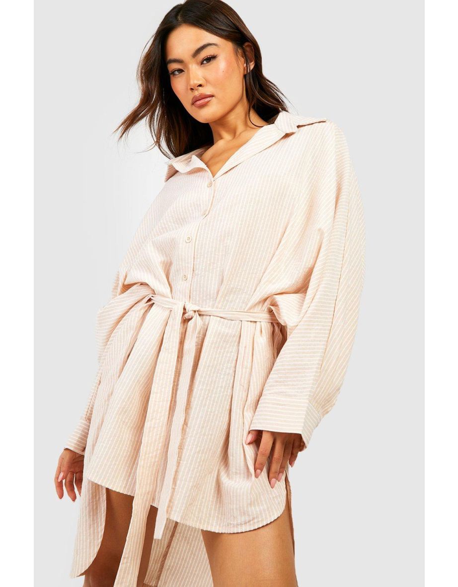 Cotton Stripe Dip Hem Shirt Dress - stone