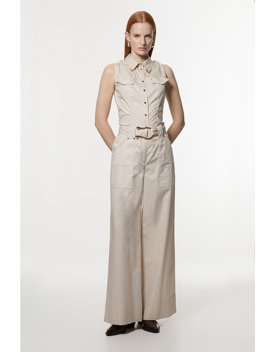 Cotton Sateen Utility Detail Belted Trouser With Gold Hardware Detail
