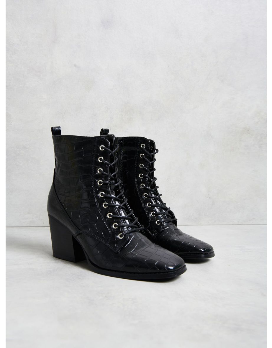 Glamorous Black Lace Up Chunky Heel boots