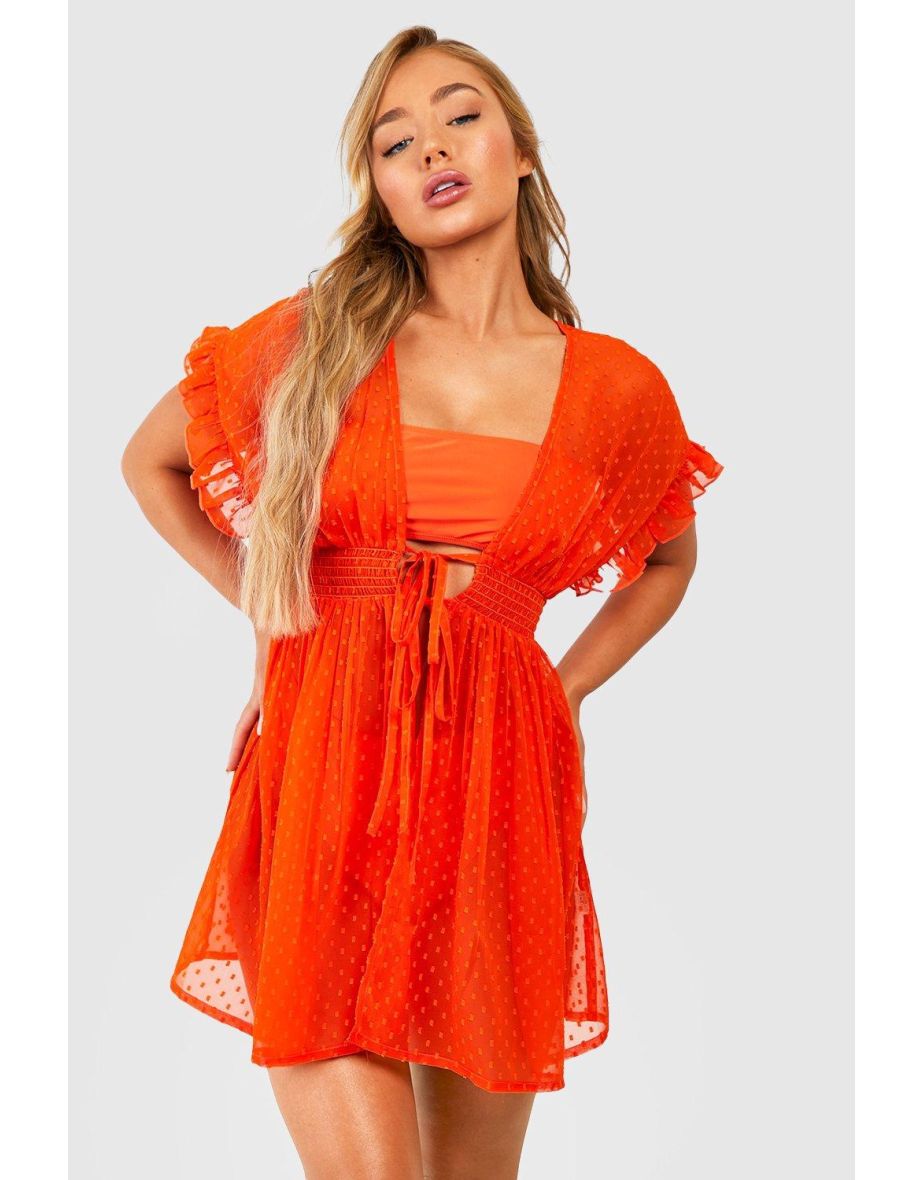 Dobby Chiffon Tie Front Mini Beach Kimono - orange