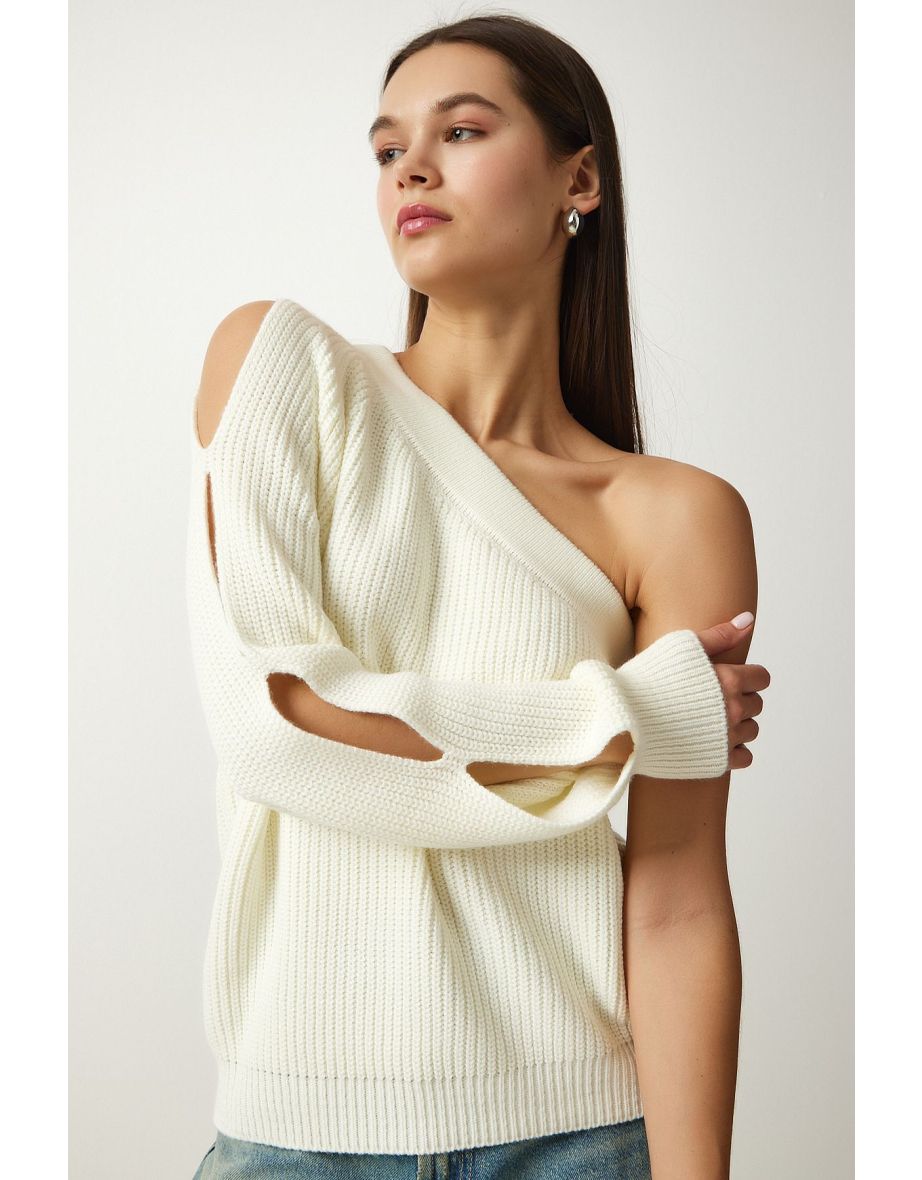 Women's Ecru Window Detailed Single Sleeve Knitwear Sweater