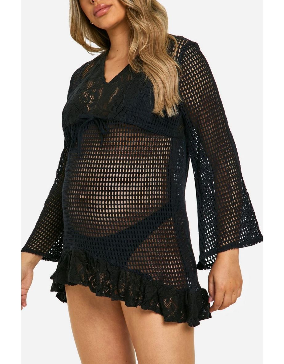 Maternity Crochet Lace Trim Beach Dress - black - 3
