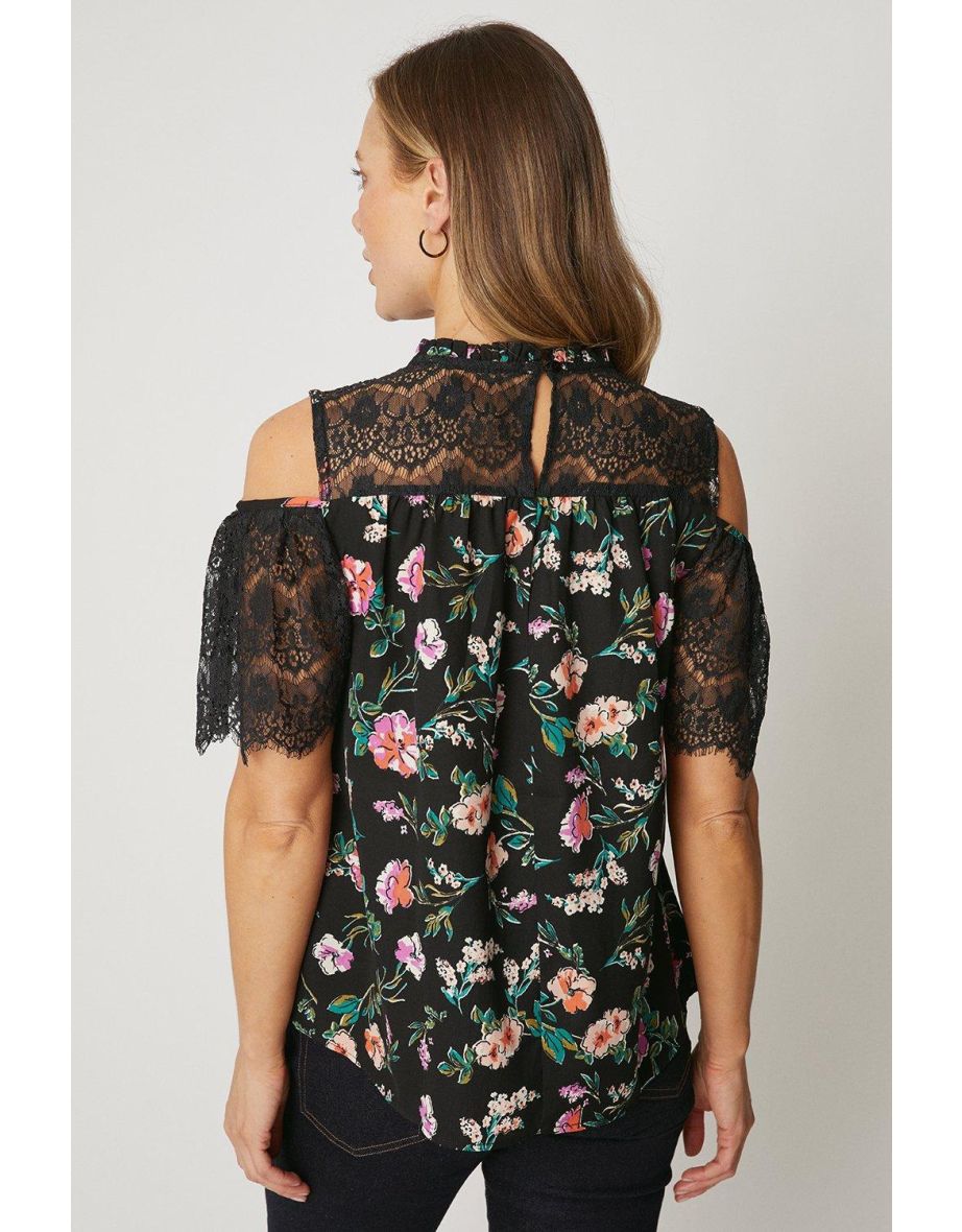 Black Floral Lace Cold Shoulder Top - 2