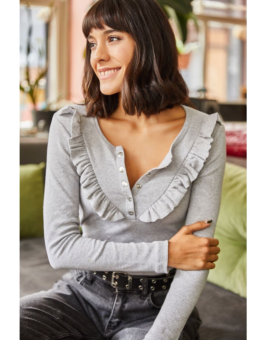 Women's Gray Frilled Pop Camisole Blouse
