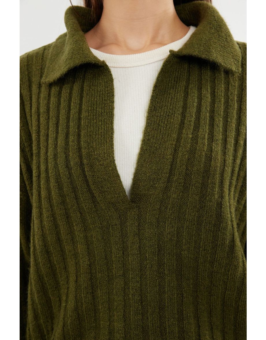 Khaki Soft Textured Polo Neck Knitwear Sweater - 6