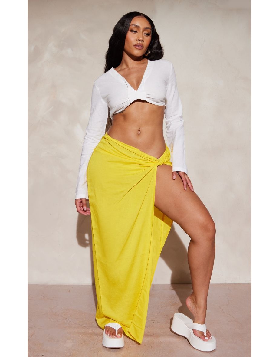 Shape Yellow Linen Look Knot Detail Front Split Maxi Skirt