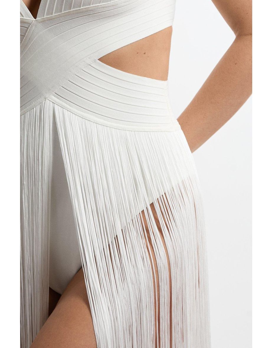Bandage V Neck Cut Out Fringed Swimsuit - 2