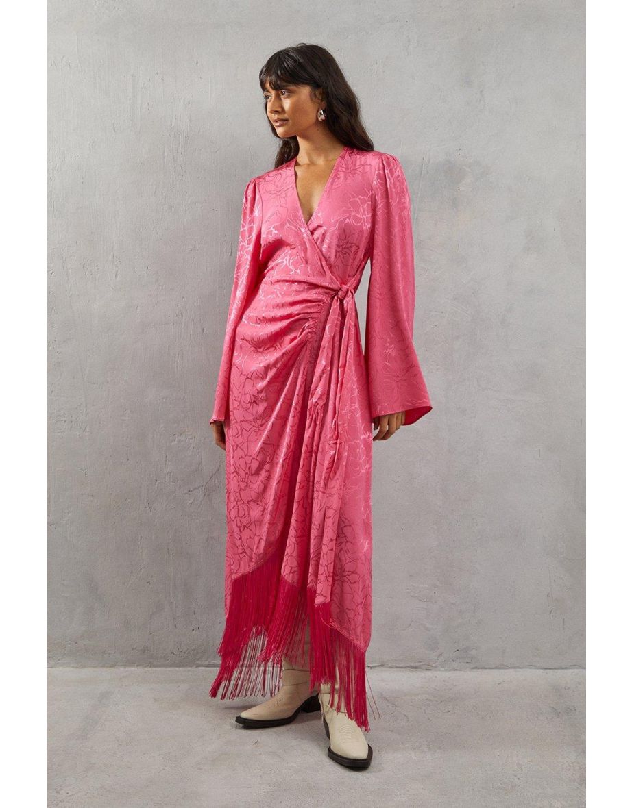 Satin Jacquard Kimono Sleeve Fringe Hem Wrap Dress